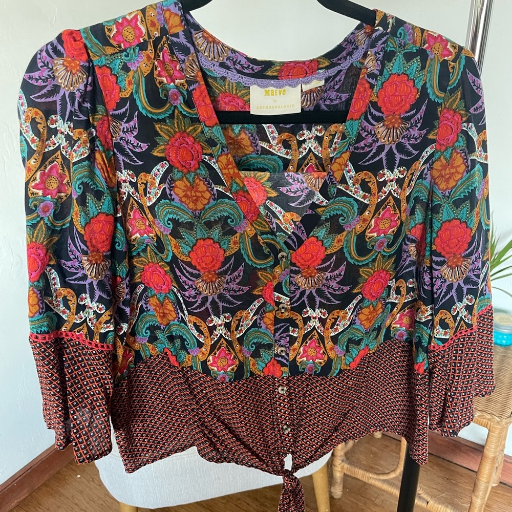 Anthropologie Maeve Vibrant Floral V-Neck Blouse